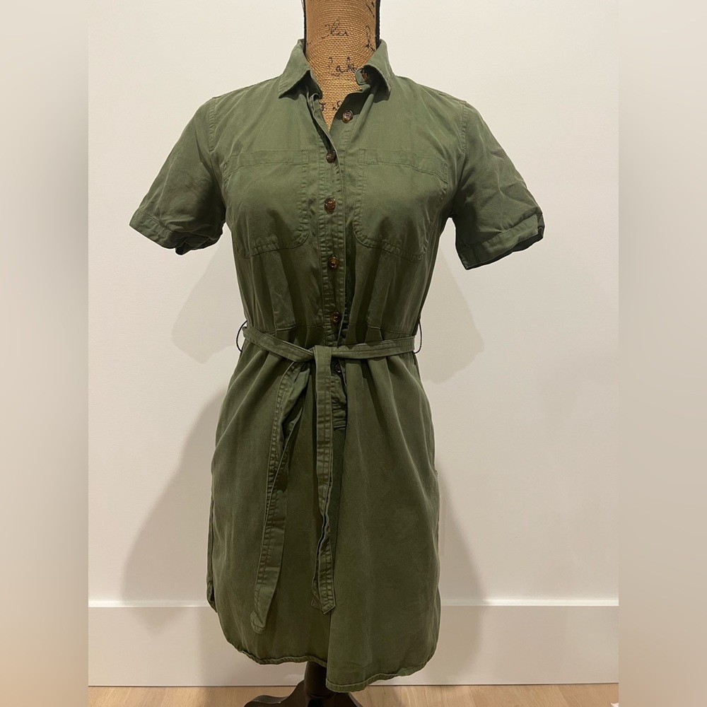 J. Crew Green Button Up Collared Short Sleeve Tie Waist Mini Dress with Pockets